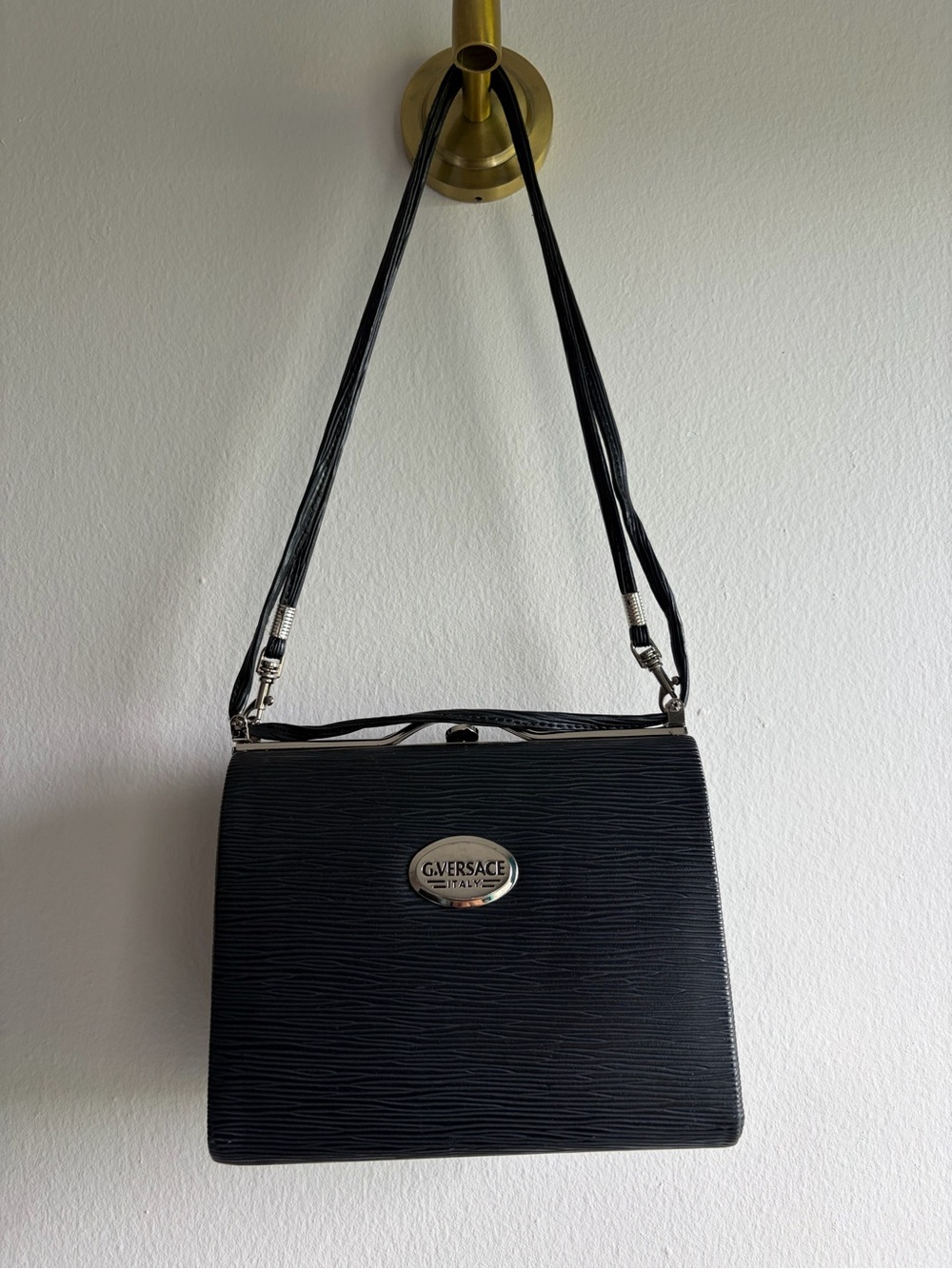 G. Versace Black Textured Shoulder Bag with Silver Plaque
